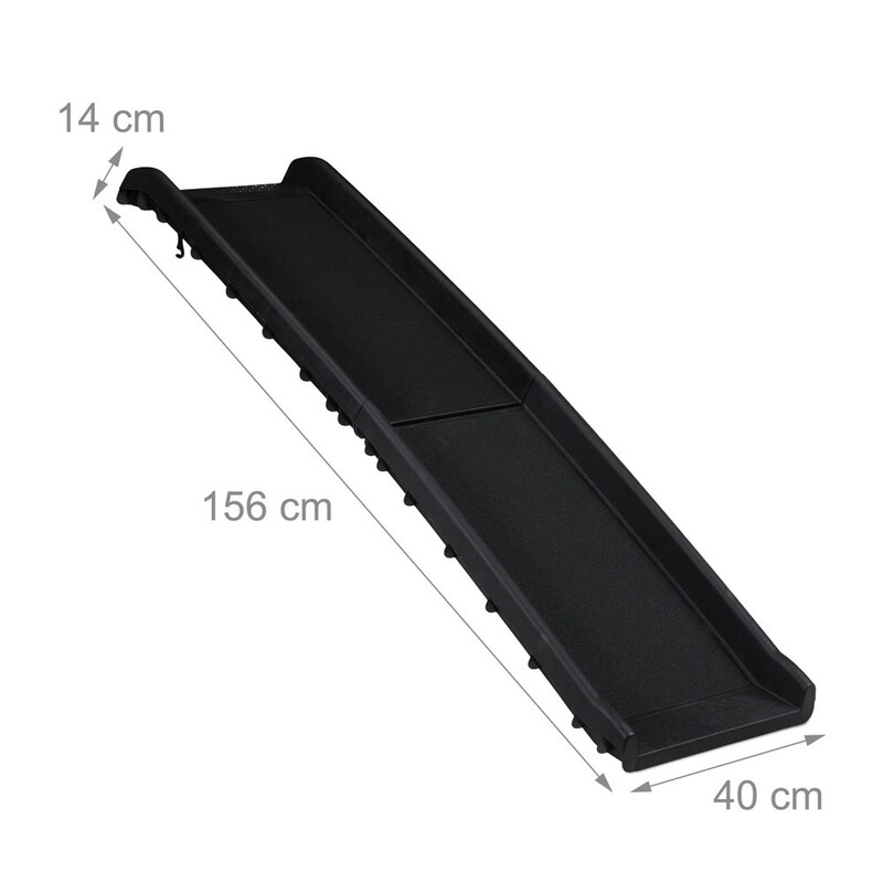 Schwarze Hunderampe aus Kunststoff mit den Maßen 40 x 156 x 14 cm, seitlich liegend.