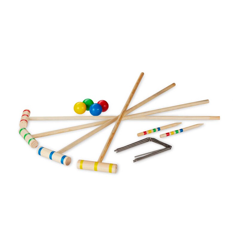 Mehrfarbiges Krocketspiel aus Holz mit vier Schlägern, vier Kugeln und zwei Toren.
