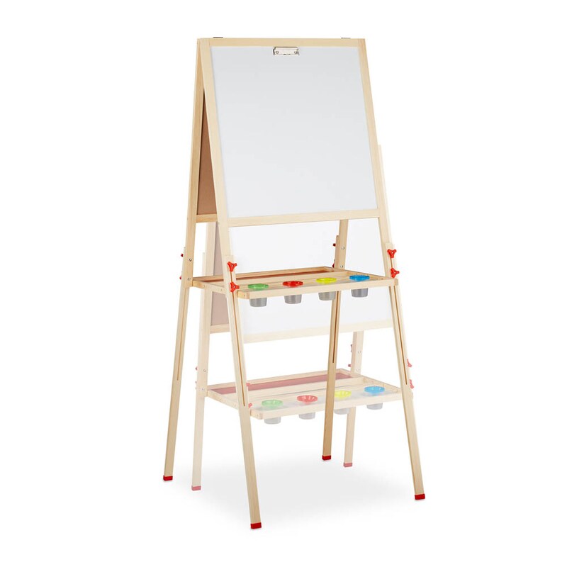 Weiß-grüne Kindertafel mit Holzrahmen, höhenverstellbar und Stifteablage, für kreatives Lernen.