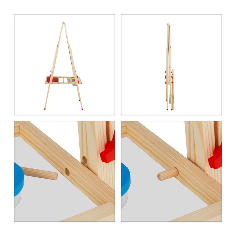 Kindertafel aus Holz in A-Form, mit Stifteablage und abnehmbaren Bechern, verschiedene Ansichten.