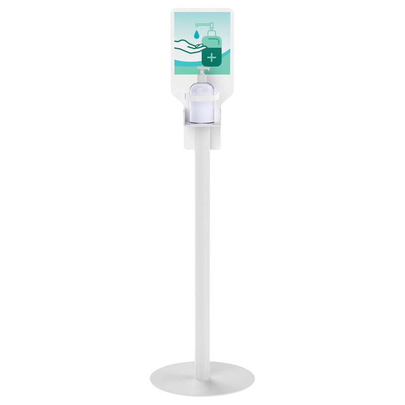 Stehender Desinfektionsspender aus weißem Stahl mit 1,0 l fassendem Behälter.