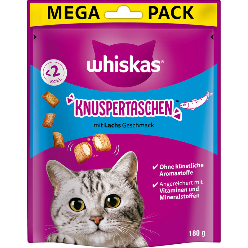 Katzenfutterpackung mit Knuspertaschen und Lachsgeschmack, 180 g, mit abgebildeter Katze.