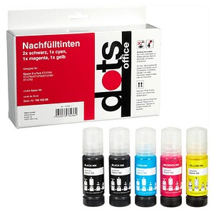 5 dots 2x schwarz, 1x cyan, 1x magenta, 1x gelb Tintenflaschen ersetzen EPSON 102/T03R14, 102/T03R24, 102/T03R34, 102/T03R44 5 dots 2x schwarz, 1x cyan, 1x magenta, 1x gelb Tintenflaschen ersetzen EPSON 102/T03R14, 102/T03R24, 102/T03R34, 102/T03R44